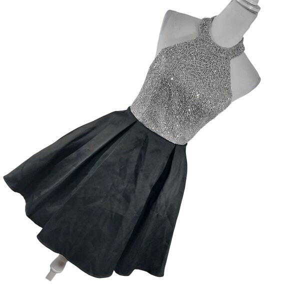 B. DARLIN! LUXE BLACK SATIN & SILVER SEQUINNED HALTER TIE BODICE DRESS! SZ 5/6 - Picture 1 of 11